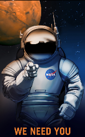 A NASA astronaut pointing at the viewer with the subtitle we need you.