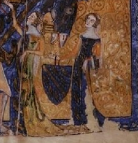 an image of an illuminated manuscript. It shows two women in upper-class medieval garb.