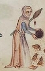 an image of an illuminated manuscript. It shows a woman in working-class medieval garb.